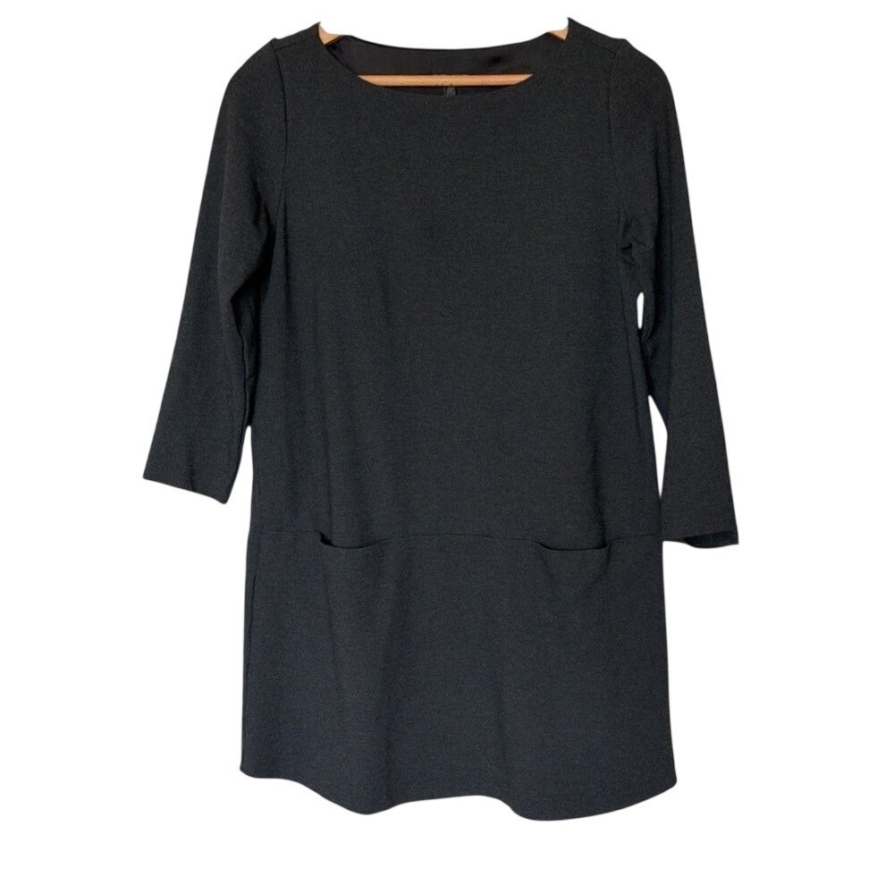 Eileen Fisher Dress Womens M Shift Charcoal Gray Italian Fabric 3/4 Sleeve EUC